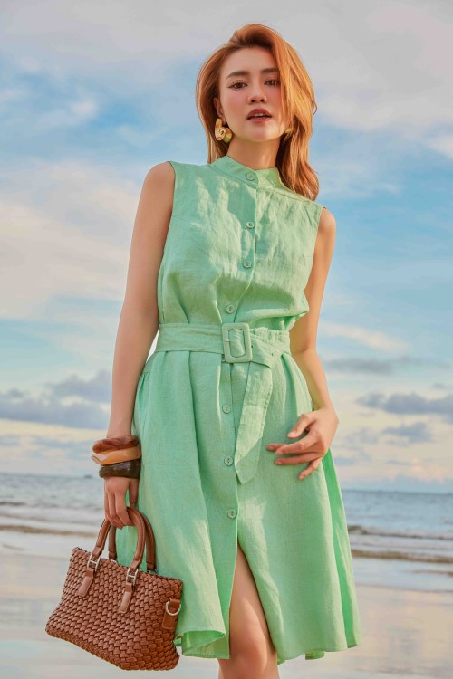 Sixdo Dark Mint Linen Loose Dress