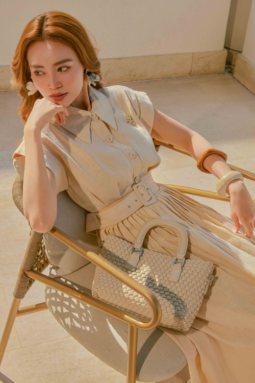 Sixdo Beige Linen Flared Dress