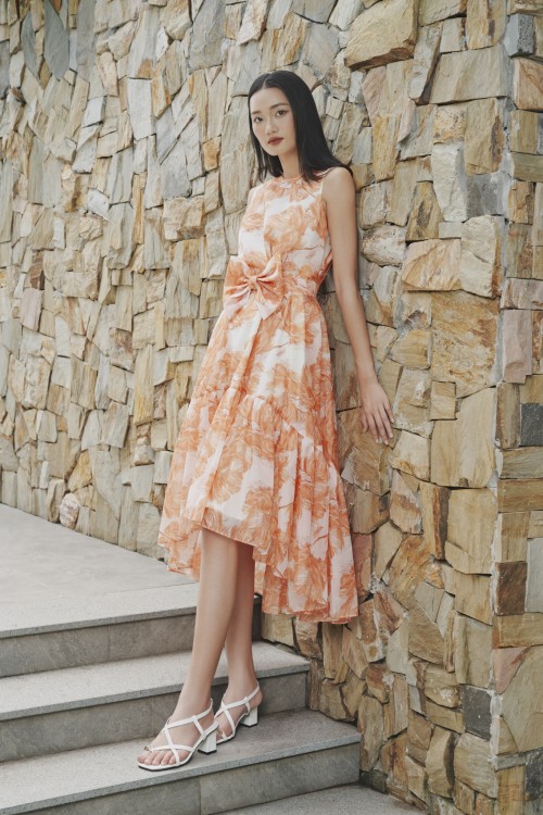 Sixdo Orange Peony Organza Flared Dress