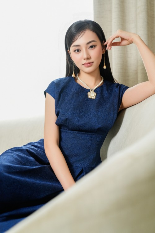 Sixdo Dark Navy Brocade Flared Dress