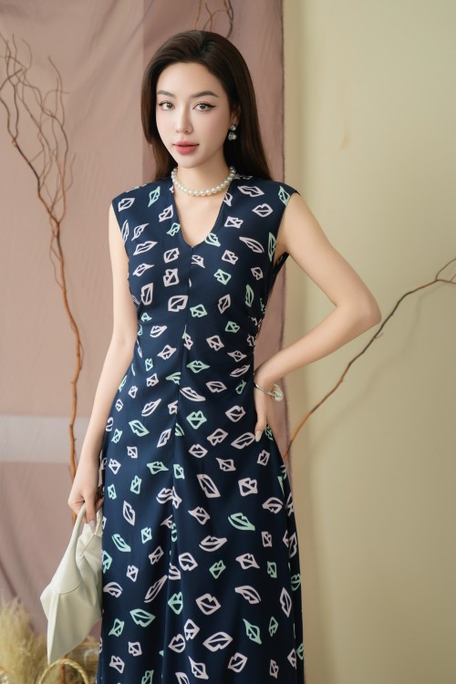 Sixdo Navy Floral Silk Flared Dress