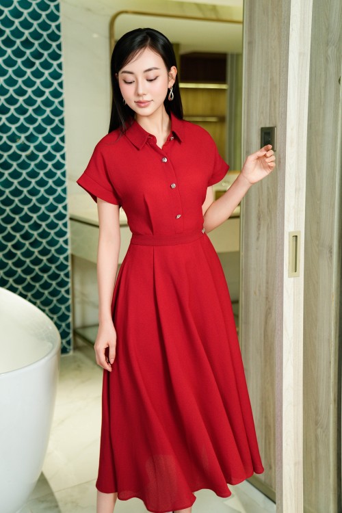Sixdo Red Woven Flared Dress