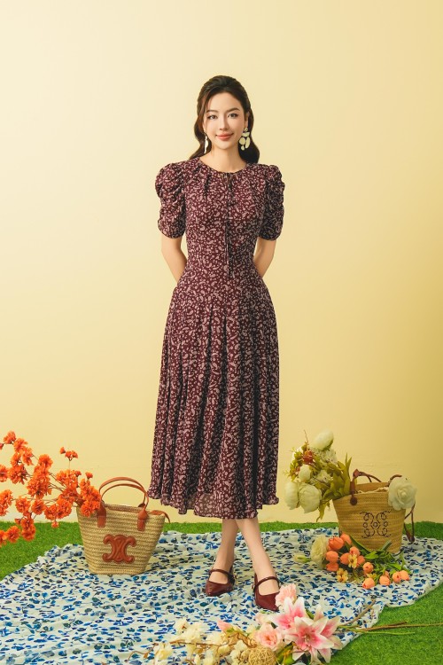 Sixdo Dark Red Chiffon Flared Dress