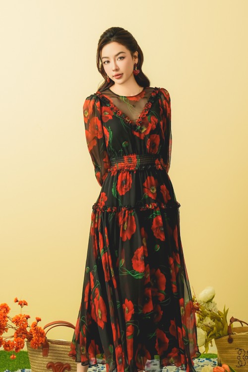 Sixdo Black Poppy Puff-sleeves Midi Voile Dress