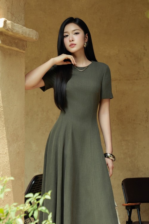 Sixdo Moss Green Woven Flared Dress
