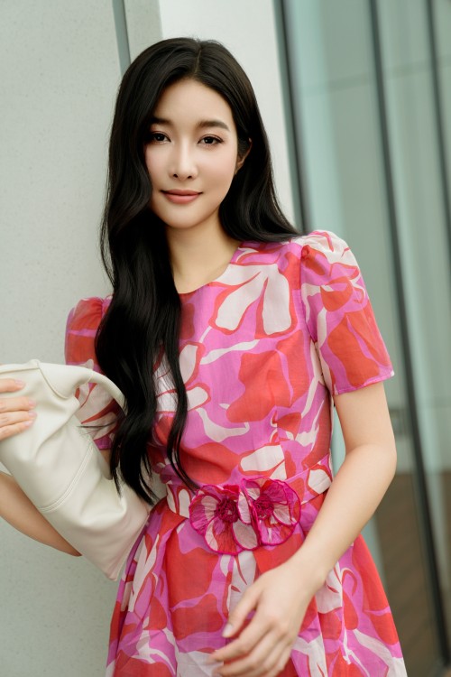 Sixdo Magenta Organza Flared Dress With Flower