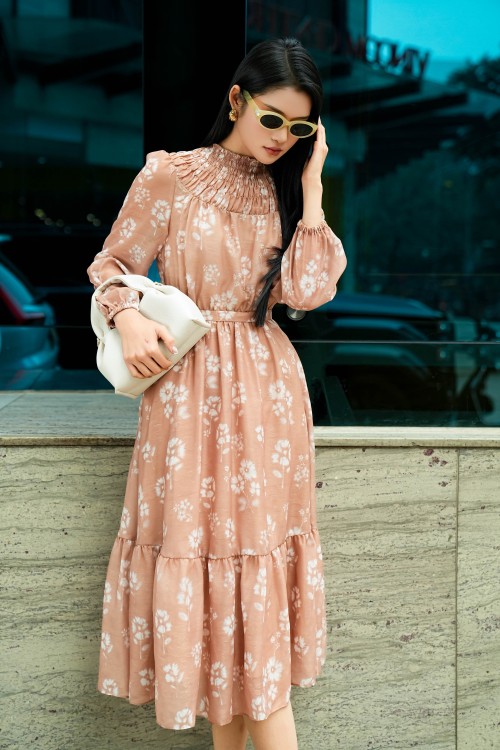 Sixdo Light Brown Floral Organza Flared Dress