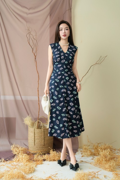 Navy Floral Silk Flared Dress