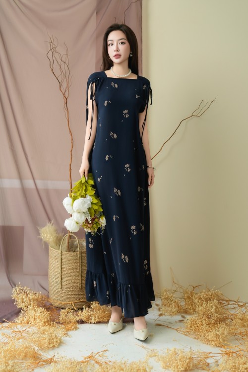 Dark Navy Floral Flared Dress