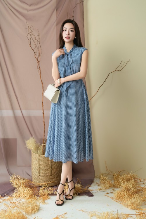 Blue Stripe Chiffon Flared Dress