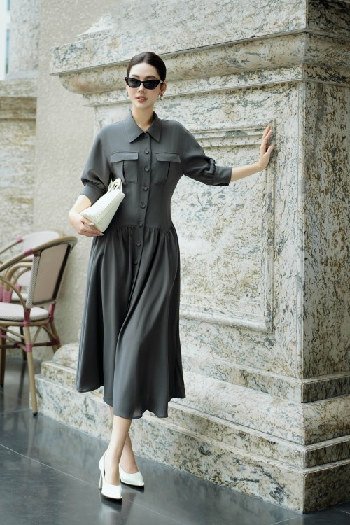 Dark Olive Green Woven Flared Dress