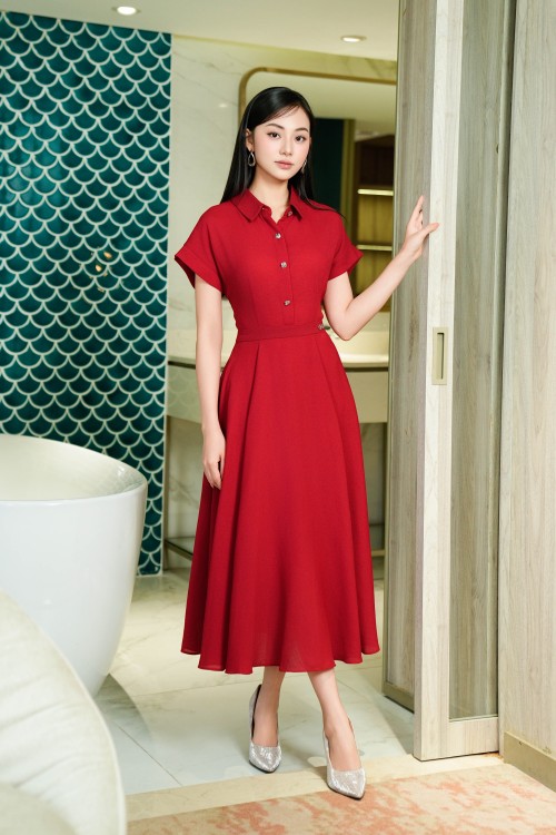 Red Woven Flared Dress
