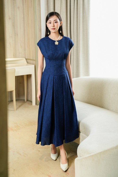 Dark Navy Brocade Flared Dress