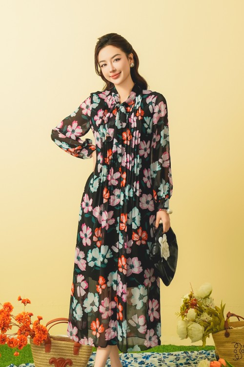 Black Floral Chiffon Loose Dress