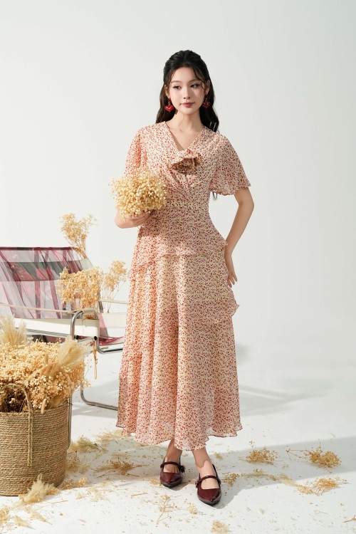 Cream Floral Chiffon Flared Dress With Flower