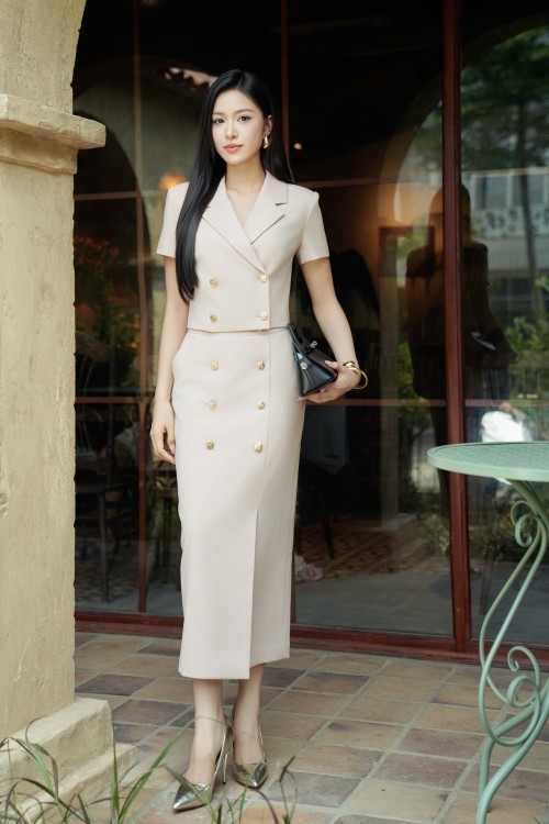 Beige Woven Pencil Skirt