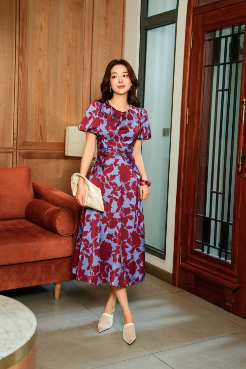 Blue Floral Slik Flared Dress