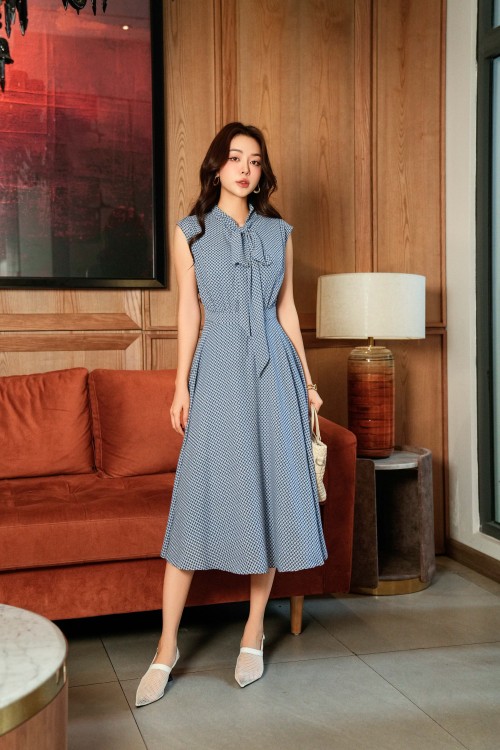 Blue Stripe Chiffon Flared Dress