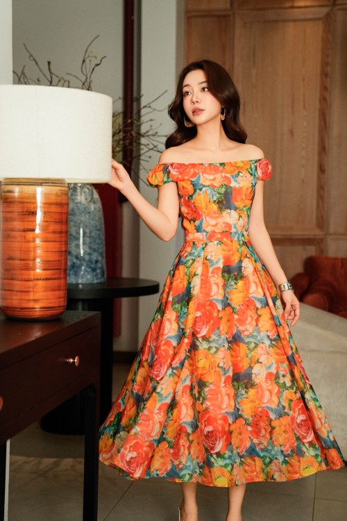 Multicolor Organza Flared Dress