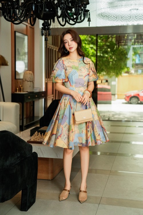 Multicolor Organza Flared Dress