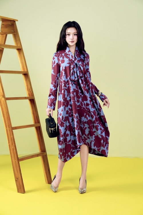 Blue Floral Silk Loose Dress
