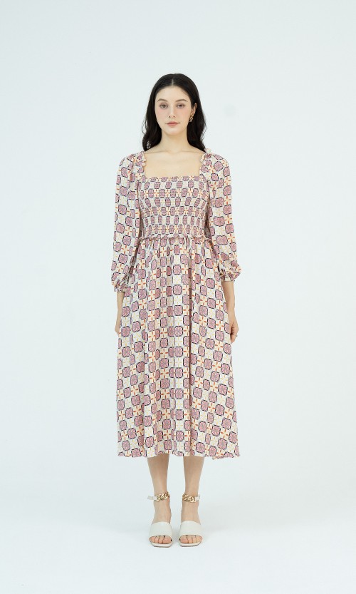 G-Magenta Long Sleeves Midi Silk Dress