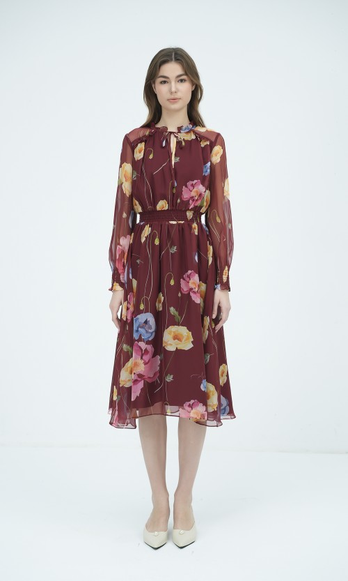 SIXDO G-Wine Floral Voile Flared Dress for Women