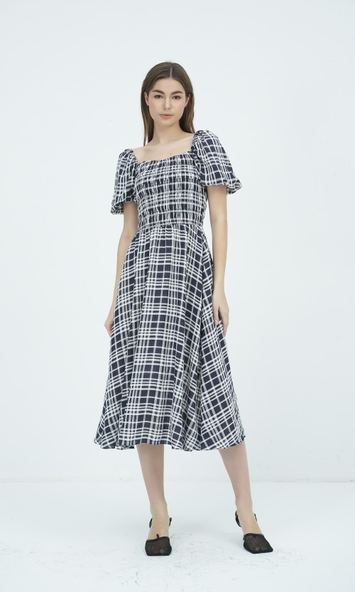 SIXDO G-Navy Short Sleeves Woven Flared Dress for Women