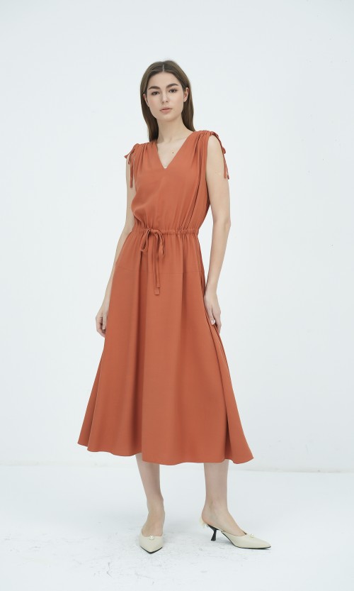 G-Ochre V-Neck Woven Flared Dress