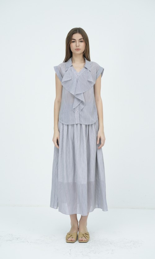 SIXDO G-Blue Stripe Raw Flared Skirt