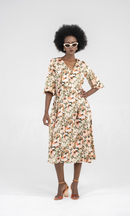 SIXDO Multicolor Floral Silk Midi Dress
