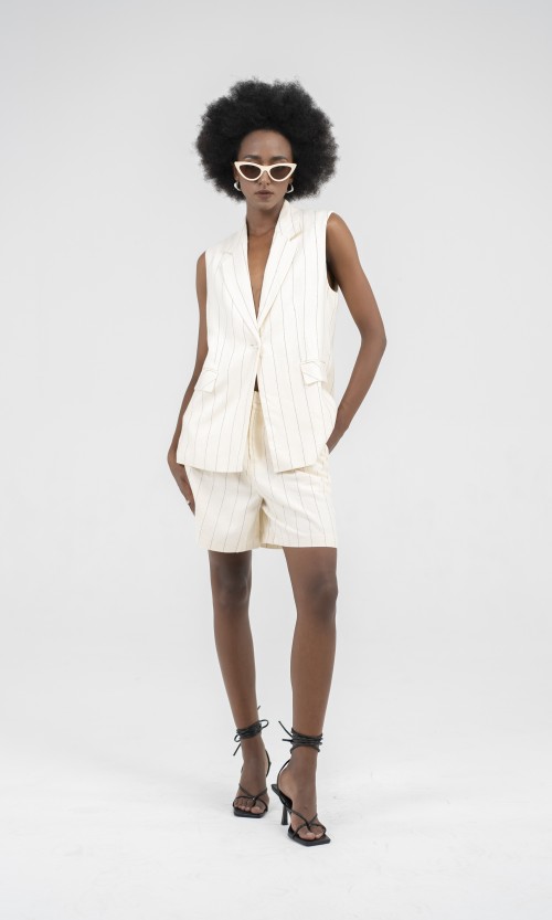 SIXDO Beige Stripe Linen Waistcoat