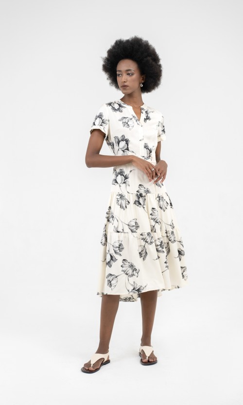 White Leaf Silk Midi Dress