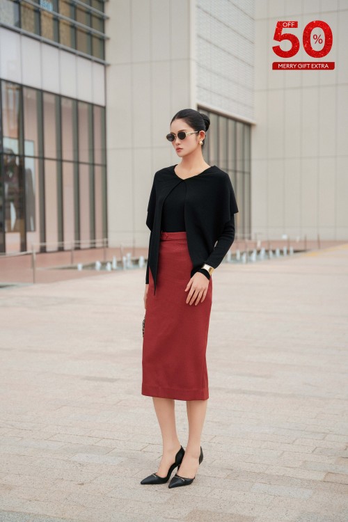 Orangish Brown Straight Woven Midi Skirt