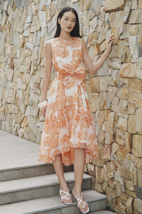 Orange Peony Organza Flared Dress