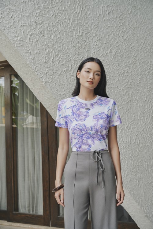 White Print Peony Purple Tshirt