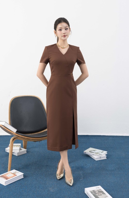 Dark Brown V-neck Woven Midi Dress