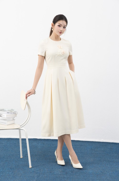 Cream Flower Embroidery Taffeta Midi Dress