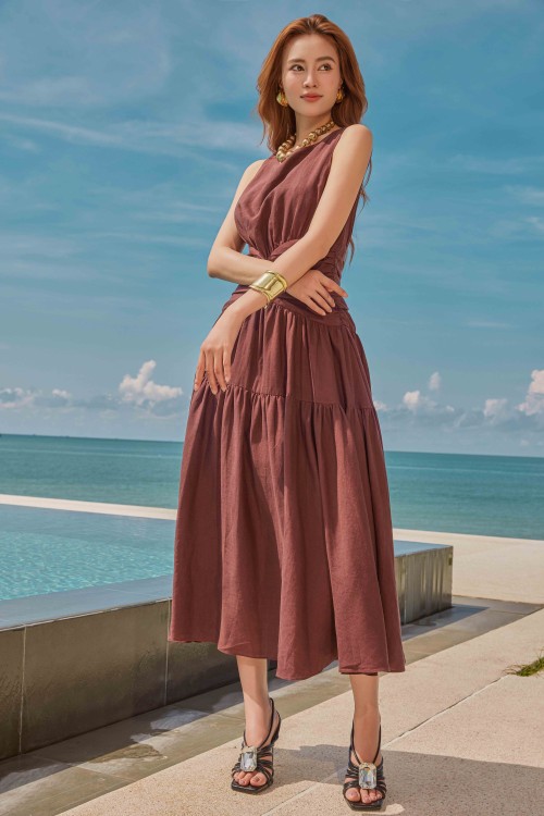 Dark Brown Linen Flared Dress