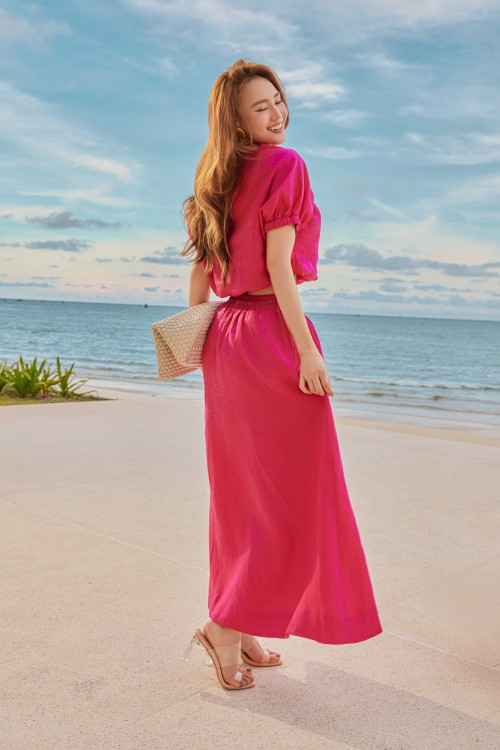 Magenta Linen Flared Skirt