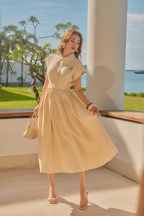 Beige Linen Flared Dress