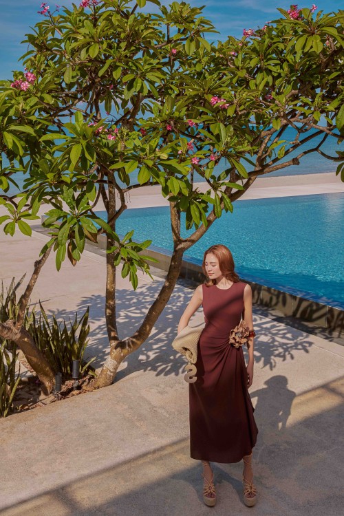 Dark Brown Linen Sarong Dress With Flower