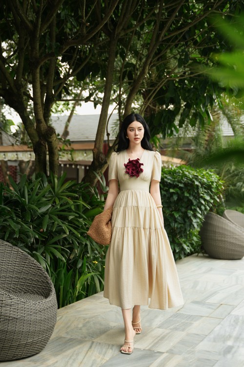 Beige Organza Flared Dress With Flower