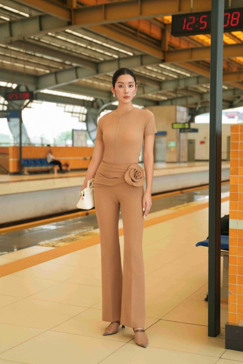 Brown 3D Flower Woven Flared Pants