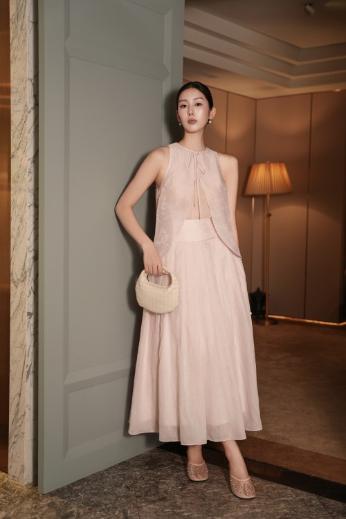 Pink Organza Flared Skirt