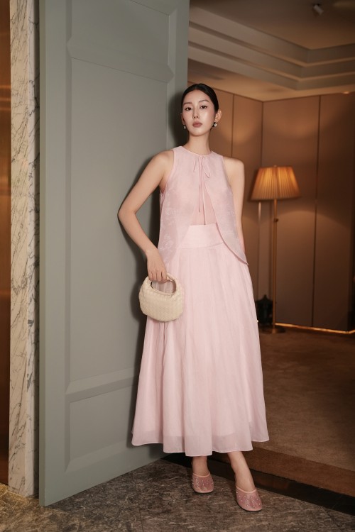 Pink Organza Flared Skirt