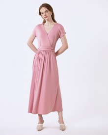 SIXDO G-Pink V-Neck Woven Flared Dress