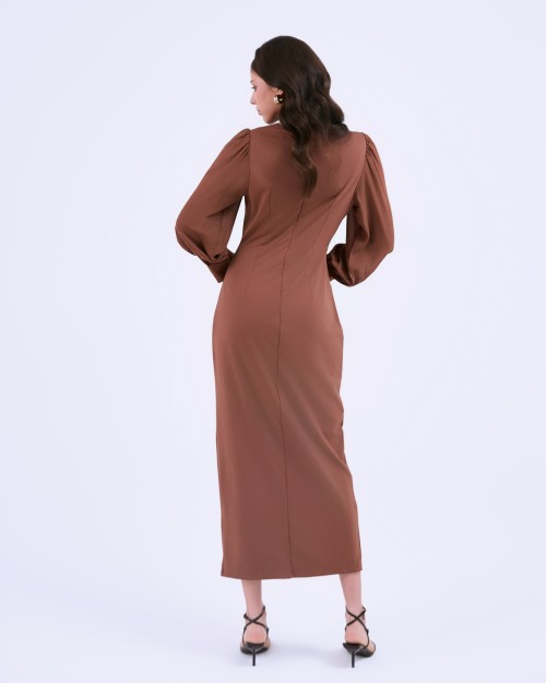 G-Coffee Brown 3D Flower Silk Pencil Dress