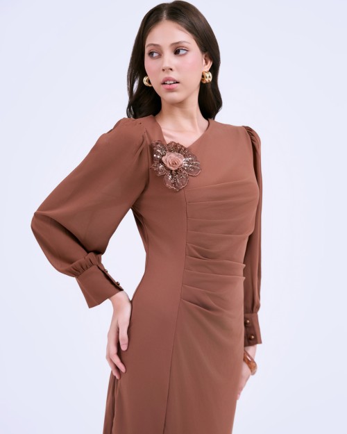 G-Coffee Brown 3D Flower Silk Pencil Dress
