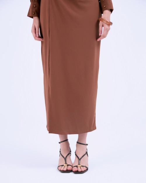 G-Coffee Brown 3D Flower Silk Pencil Dress